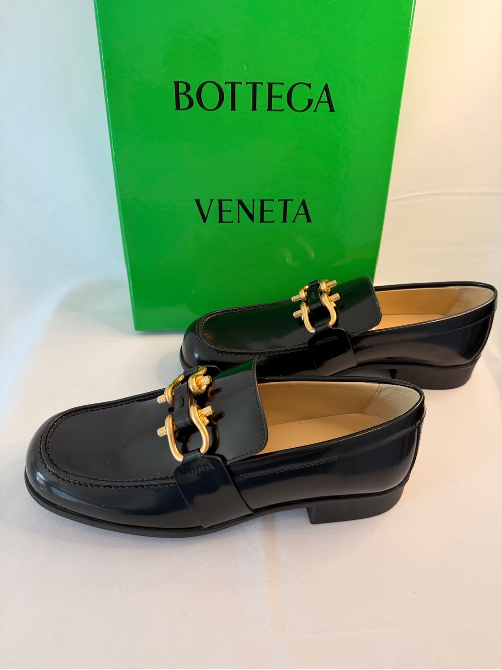 Bottega Veneta Black Patent Leather Loafers with Gold Hardware